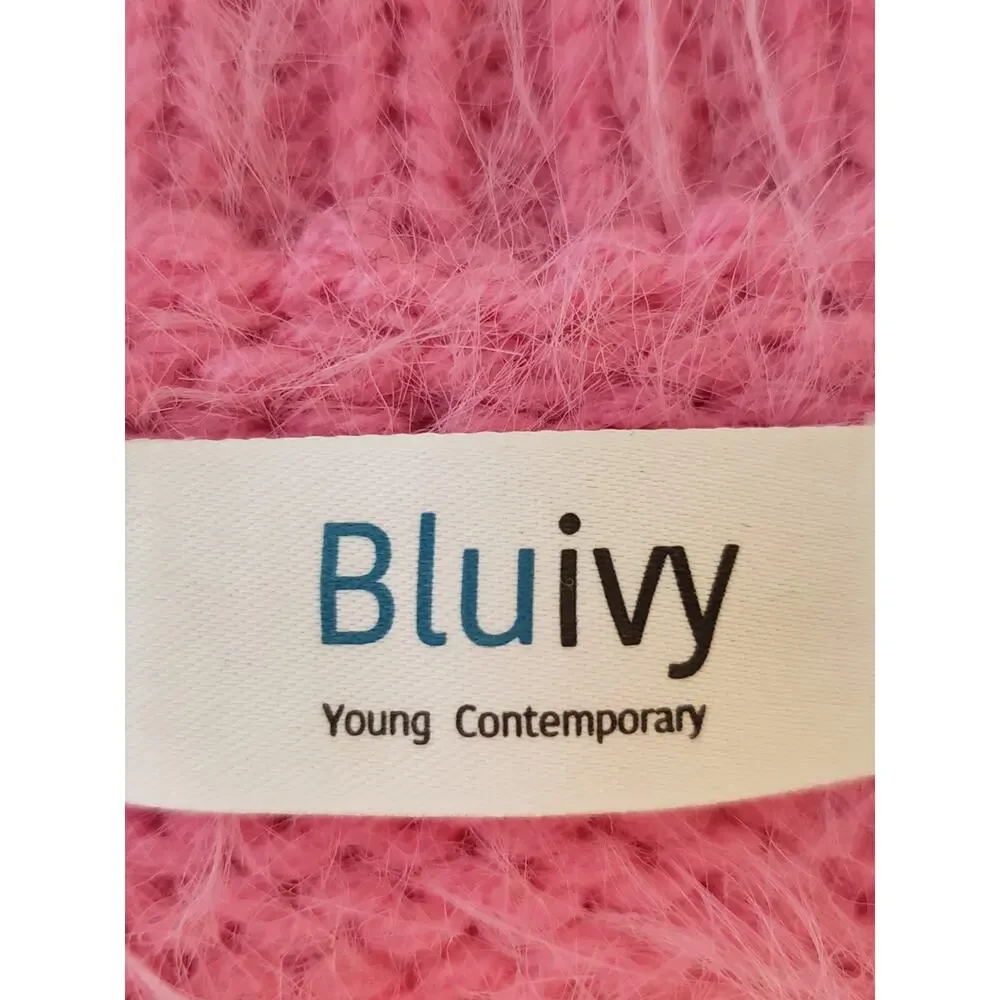 Bluivy Fuzzy Cable Knit Tunic‎ Sweater Womens Size S/M Bright Pink Long Sleeve